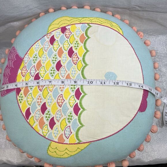 POTTERY BARN KIDS Decorative Throw Fish Pillow Round with Pom Pom Edge - Picture 3 of 10